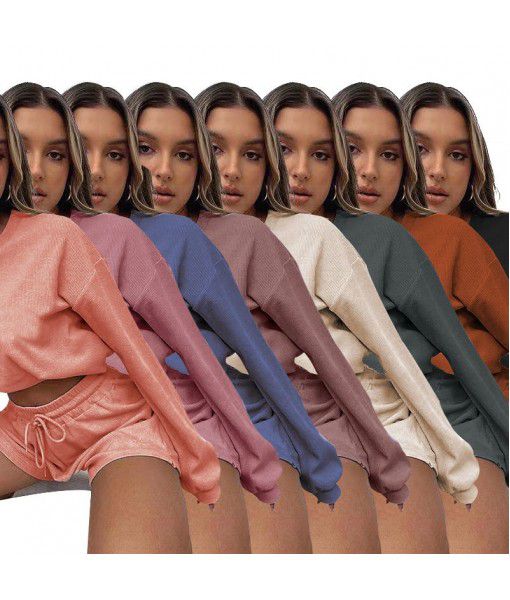 Cross border Europe and America Amazon autumn and winter solid color loose round neck shorts women's clothing urban leisure Long Sleeve Sweater Set 