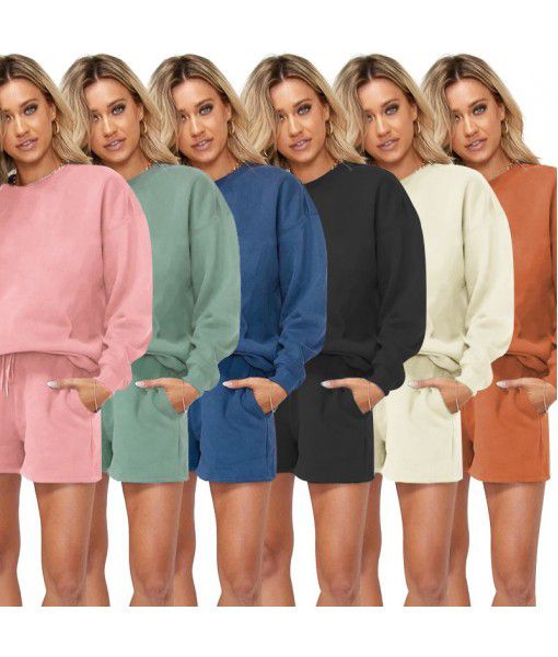 Cross border European and American Amazon solid rib round neck Plush women's side pocket shorts leisure Long Sleeve Sweater Set 