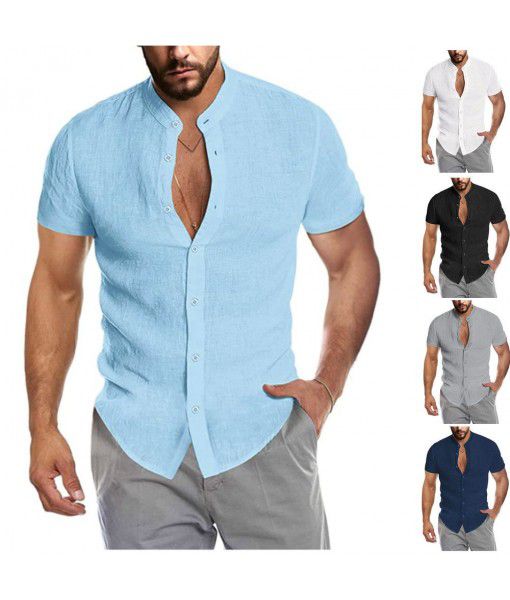  popular summer V-neck linen new cardigan collar short-sleeve men's shirt