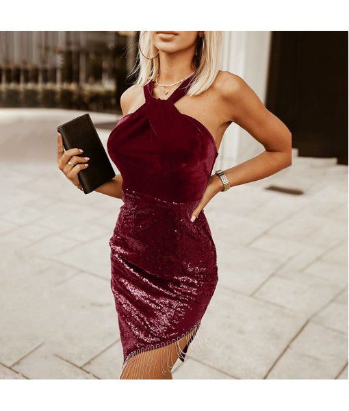 Shiying High Waist Wrapped Hip Dress Dress Autumn New Solid Color Waist Show Thin Sequin Fringe Sleeveless Dress Wholesale 
