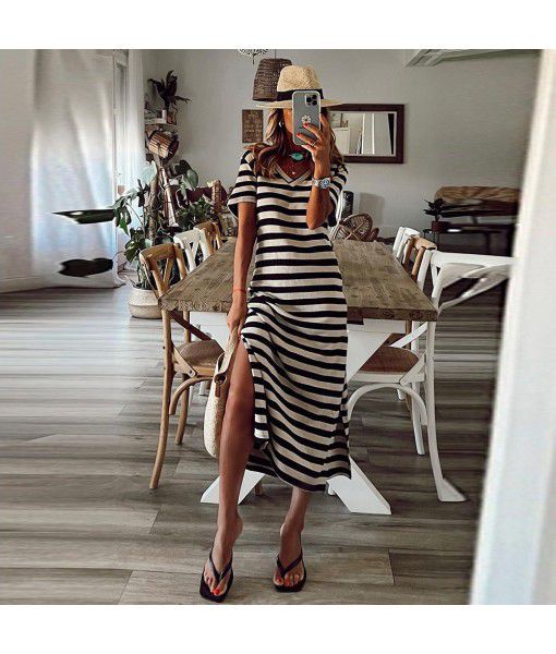Black striped printed V-neck floor-length skirt ...
