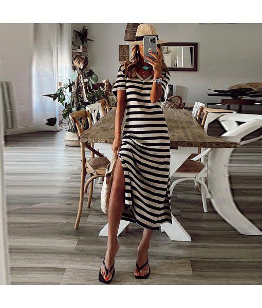 Shiying Amazon side slit long skirt new summer stripe print short sleeve slim dress