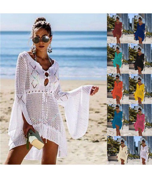 Cross-border European and American women's irregular deep V sexy flare sleeve hollowed-out woven beach cover-up dress 1974