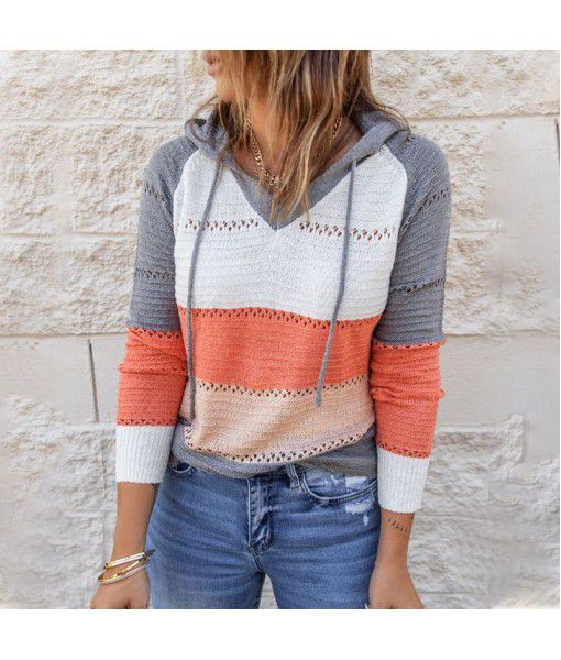 Shiying knitted hooded sweater female European and American long-sleeved loose color striped pullover spring and autumn cross-border sweater female