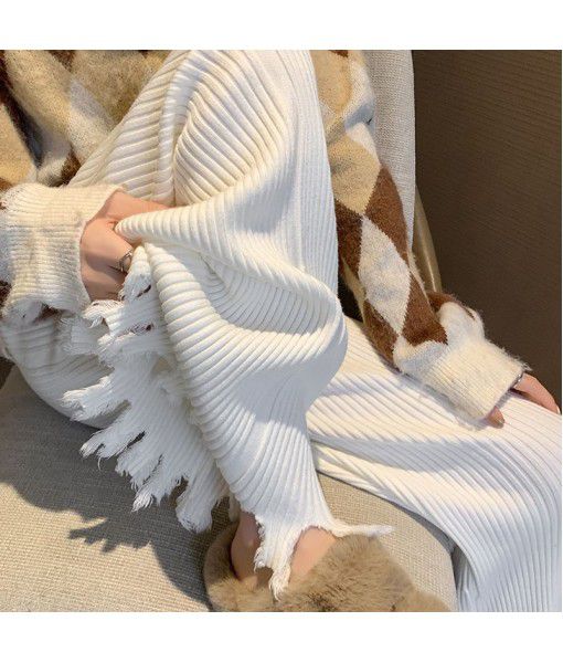 Thickened soft waxy white fringed knitted wide leg pants for women in autumn and winter, vertical pit, high waist drawstring, thin casual floor mop pants