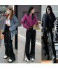 Autumn and Winter New Black PU Leather Casual Pants Women's High Waist Brushed Zipper Side Split Straight Pants Casual Versatile