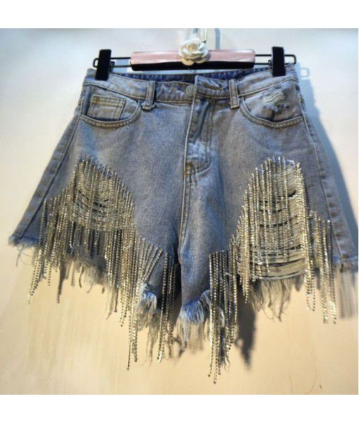 European station summer new style hole high waist rhinestone tassel chain slim straight denim shorts women