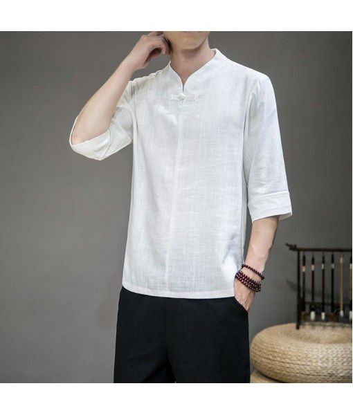  summer Chinese style men's large size short-sleeved retro Chinese style buckle Tang suit cotton linen t-shirt half-sleeve top trend