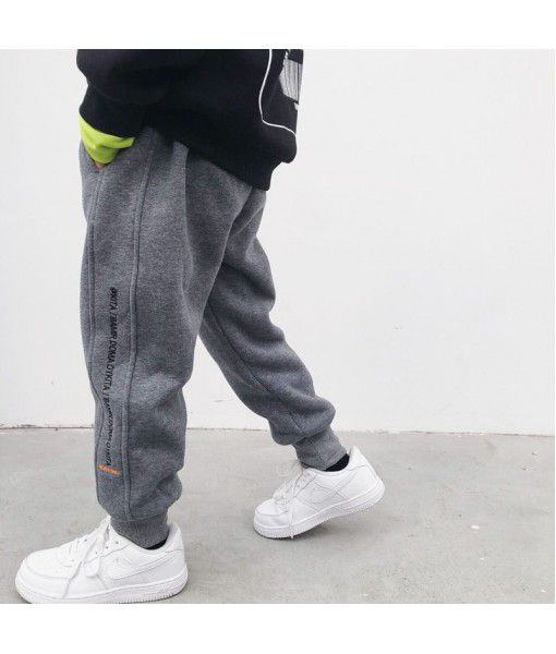 Boys' plush trousers 2020 winter new style westernized middle and large children's plush trousers children's winter warm sports pants trend