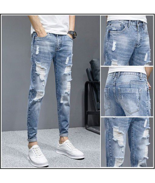 Four Seasons Hot Sale of New Broken Pants Jeans Men's Slim Fit Feet Leisure Versatile Beggar Fashion Brand Nine Pants