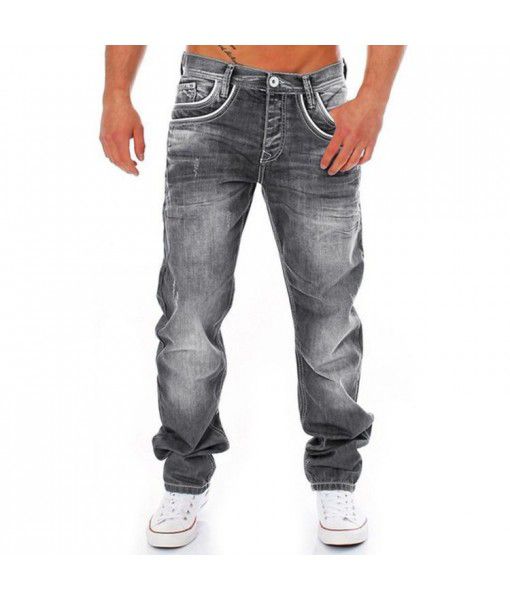 Cross-border 2022 Amazon men's worn-out white pocket zippered jeans fashion waist loose straight pants