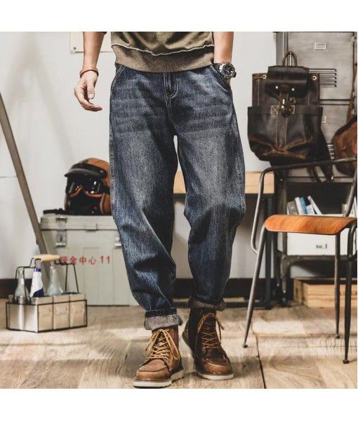 American heavy weight vintage jeans men's straight casual trousers Korean wear-resistant work clothes tapered Haren trousers worn out